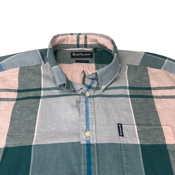 Barbour Shirt L Mens Short Sleeve Button Front Plaid Tan Checked Tailored Fit - Picture 2 of 8